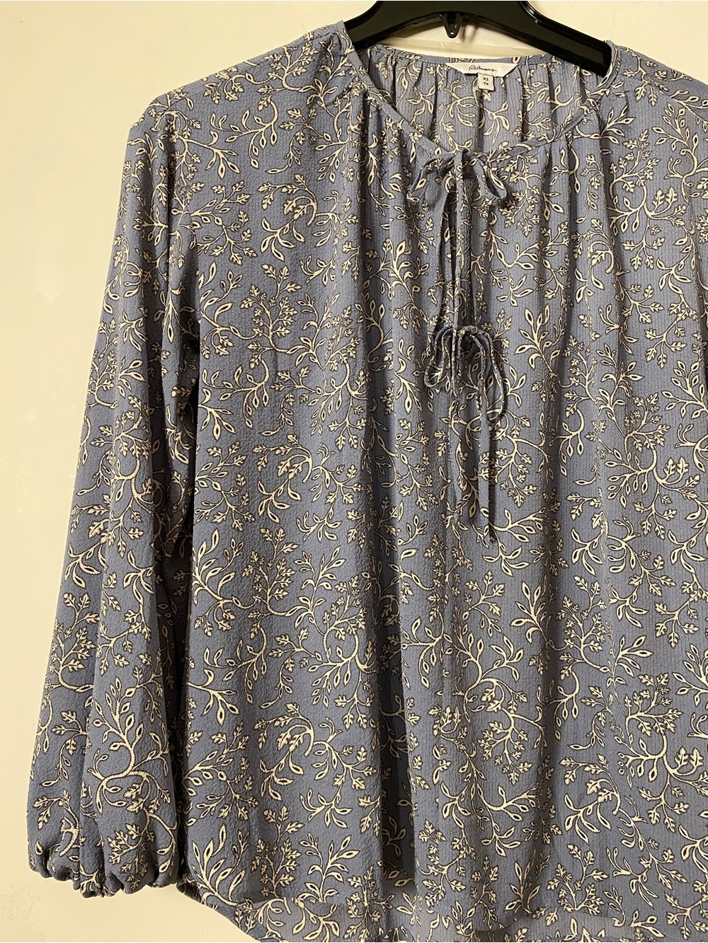 Tie-Neck Floral Blouse in Dusty Blue Long sleeve - Picture 7 of 9